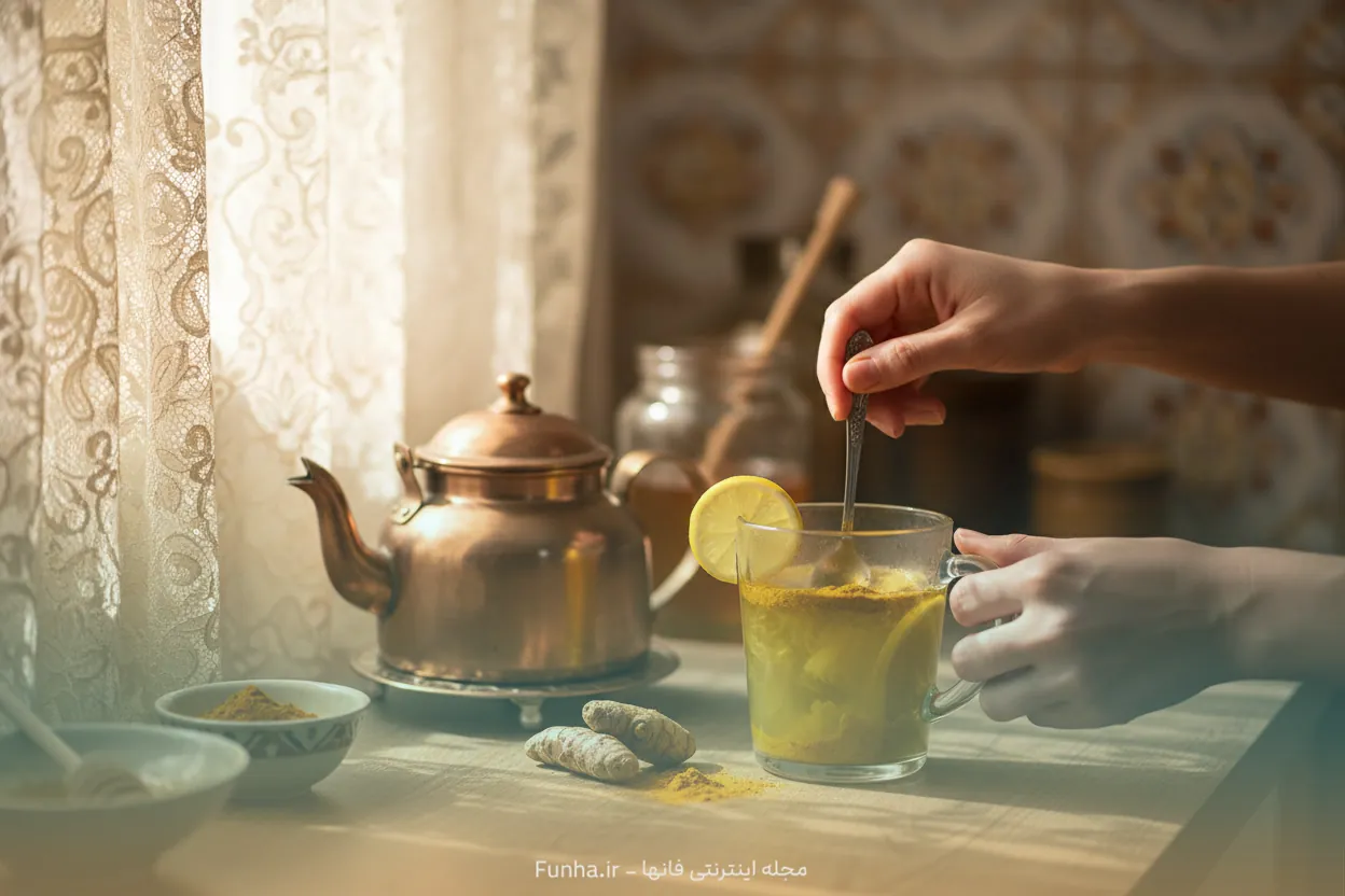 لیوان چای زردچوبه روی میز به عنوان نوشیدنی لاغری شکم